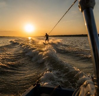 Wakeboarder sobre la ciénaga al atardecer