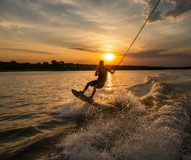 Silueta de wakeboard al atardecer