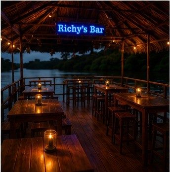 Interior del bar flotante con letrero de neón